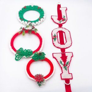 Vintage Yarn Canvas Christmas Decorations Wreath Joy Sign Handmade Lot of 4